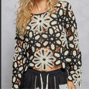 New Stock with special 48 hr price: Floral Crochet Black and Cream Crochet Top.